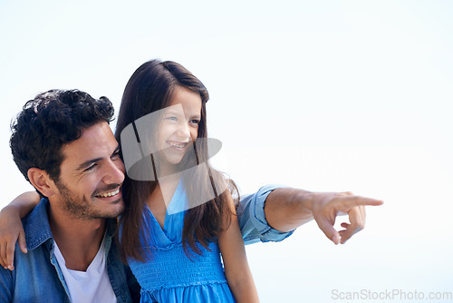 Image of Love, sky and happy dad, kid and person point at outdoor view, direction and family holiday destination. Wellness, travel gesture and relax dad, papa or man bonding, support or care for child