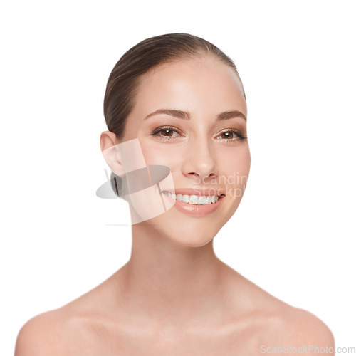 Image of Smile, dental care and portrait of a woman with a glow isolated on a white background in studio for skincare. Happy, face and young model showing teeth for oral hygiene with care of natural skin