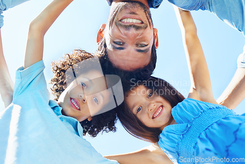 Image of Hug, blue sky portrait and happy kids, father and children bonding, support and family circle for care, solidarity or love. Group, bottom view and people together for Fathers Day, happiness and trust