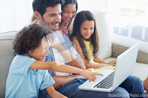 Image of Laptop, pointing and happy family dad, kids or people gesture at online website, social network video or comic. Smile, adoption and group of children with father streaming home subscription movie