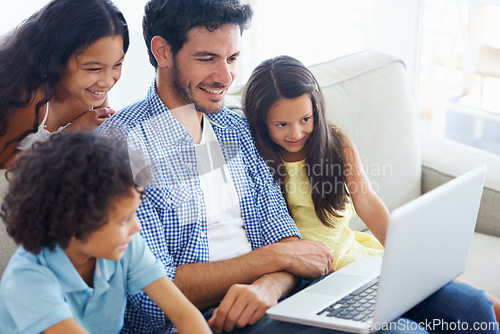 Image of Laptop, happy family and dad with kids watching social network video, online entertainment show or digital movies. Smile, care and group of children with father streaming home subscription movie