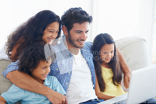 Image of Laptop, happy family dad and children watching social media video, online entertainment show or kid friendly movies. Together, hug and relax kids with father streaming home subscription movie