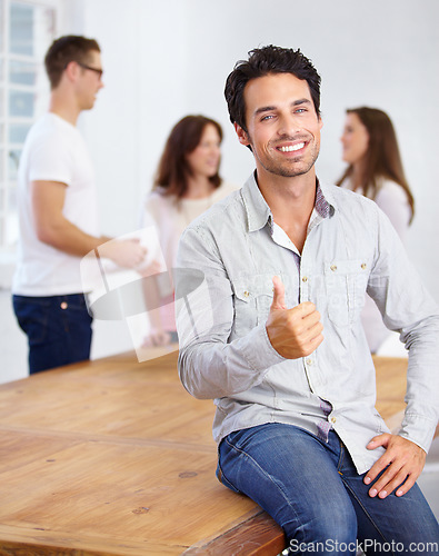 Image of Thumbs up, winning portrait and man in office meeting with success, achievement or yes sign for employee engagement. Face of happy person in like, teamwork and okay emoji or hand in career management