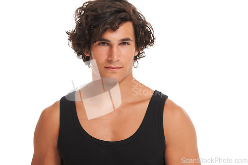 Image of Serious, handsome and portrait of man on a white background with confidence, beauty and muscles. Skincare, dermatology and isolated Australian male person in studio for wellness, health and hair