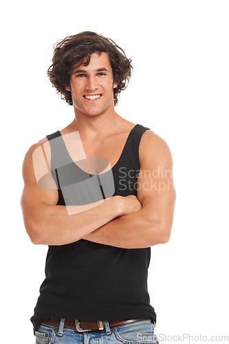 Image of Fashion, happy and portrait of man on a white background with confidence, crossed arms and muscles. Confident, happiness and isolated Australian male person in studio for wellness, smile and pride