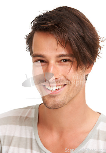 Image of Happy, laugh and portrait of man in studio for casual, trendy and cool fashion. Happiness, edgy and confidant with face of male model isolated on white background for geek, youth and positive style