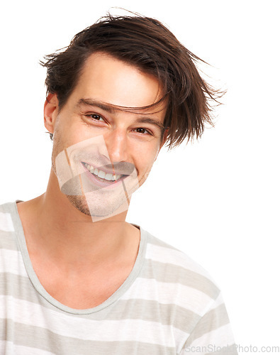 Image of Happy, messy hair and portrait of man in studio for casual, trendy and cool fashion. Happiness, edgy and confidant with face of male model isolated on white background for geek, youth and style