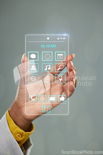Image of Woman, hands and futuristic phone UI, dashboard or virtual interface with software icons on mockup space. Hand of female person holding digital ui, future technology or multimedia hologram system