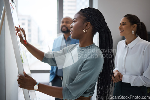 Image of Black woman, business writing and office whiteboard for company planning with strategy. African female employee, meeting and sales collaboration of staff working with teamwork and workshop idea