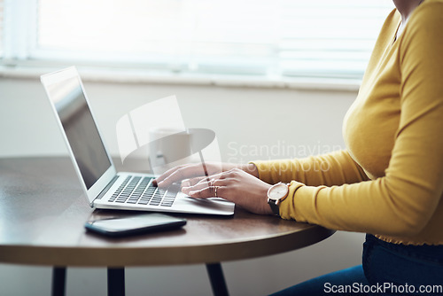 Image of Typing, laptop and woman hands for planning, website research and creative blog with remote work or opportunity, Startup, software and person on computer, copywriting, ideas and inspiration at home