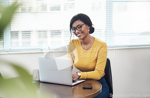 Image of Laptop, office and happy woman with online planning, website research and management software for remote work. Creative business, working and african person on computer at table for home project