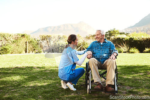 Image of Senior man, nurse and wheelchair in nature for healthcare support, life insurance or garden at nursing home. Happy elderly male and woman caregiver helping person with disability or patient outdoors