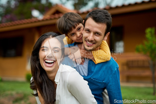 Image of Portrait, outdoor and family with happiness, funny and bonding with joy, laughing and loving. Face, parents and mother with father, male child or boy outside, house and real estate with weekend break