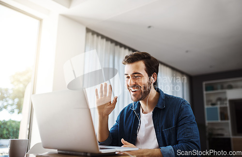 Image of Business man, video call and laptop with wave in home office for hello, audio and communication at desk. Young businessman, computer and earphones for webinar, online consultation and remote work