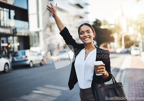 Image of Happy woman, travel and hands in city for taxi, lift or street transportation with coffee outdoors. Business female waving hand waiting for transport, ride or pickup on road sidewalk in urban town