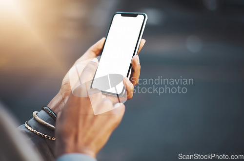 Image of Woman, hands and phone mockup screen in city for communication, social media or texting outdoors. Hand of female on mobile smartphone display for networking, advertising or travel with mock up space