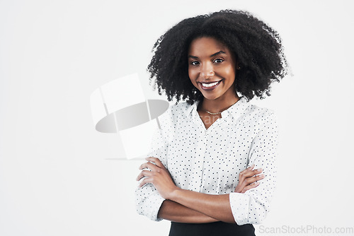 Image of Business, smile and portrait of black woman with arms crossed in studio isolated on a white background mockup. Confidence, face and African female professional, entrepreneur or person from Nigeria.