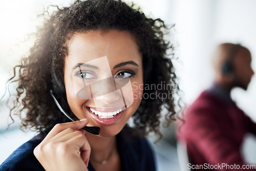 Image of Call center agent and woman with a smile, thinking and telemarketing with client service, help and speaking. Female person, happy employee and consultant with headphones, tech support and happiness