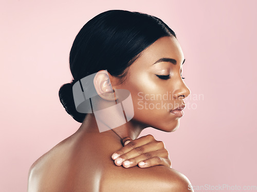 Image of Glow, makeup and beauty of Indian woman for skincare, facial or wellness treatment or dermatology, spa or cosmetics in studio. Girl, selfcare or luxury mockup or isolated face with skin confidence