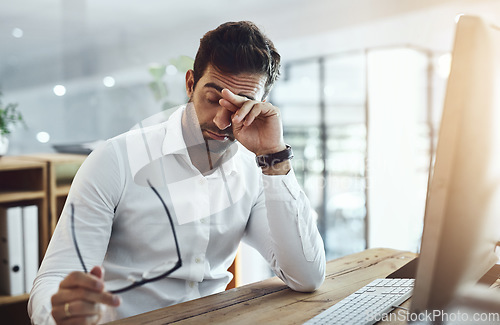 Image of Sad, tired and a man at work with burnout, career problem or anxiety from deadline. Corporate, working and a businessman with fatigue, mental health issue and stress from mistake in professional job