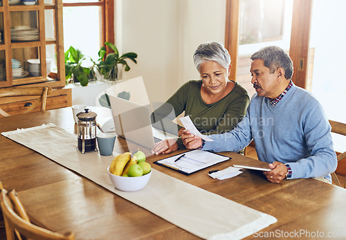 Image of Finance, laptop and senior couple with bills, paperwork and receipt documents for life insurance. Retirement, fintech and elderly man and woman on computer for mortgage payment, investment and budget