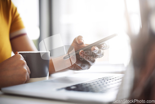 Image of Woman, closeup search on smartphone with laptop, coffee and work in home office or shopping and mobile communication in remote work. Hands and social media, internet or online, app or website
