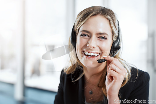 Image of Woman with headset, callcenter and laugh in portrait, contact us with communication and CRM with mockup space. Customer service, funny phone call and happy female consultant on help desk with support