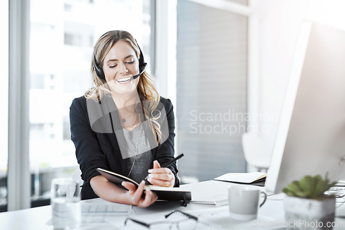 Image of Planning, secretary and female receptionist in office while working on customer support communication. Call center, telemarketing and happy woman agent with crm strategy with desktop in the workplace