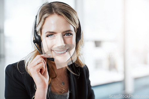 Image of Woman with headset, callcenter and smile in portrait, phone call with communication and CRM with mockup space. Customer service, telemarketing and female consultant on help desk and contact us