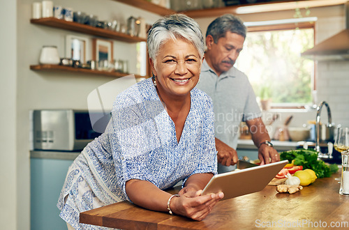 Image of Portrait of old woman in kitchen with man, tablet and cooking healthy food together in home. Digital recipe, smile and senior couple in house with meal prep, happiness and wellness diet in retirement