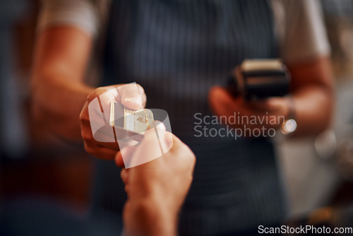 Image of Credit card, cashier and man hands with payment machine in a restaurant with customer service. Employee hand, male person and cafe barista with transaction and buying in a retail store at checkout