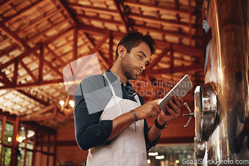 Image of Tablet, search and brewery with man in factory for production, manufacturing and alcohol fermentation. Technology, inspection and digital with business owner for distillery, beer and quality control