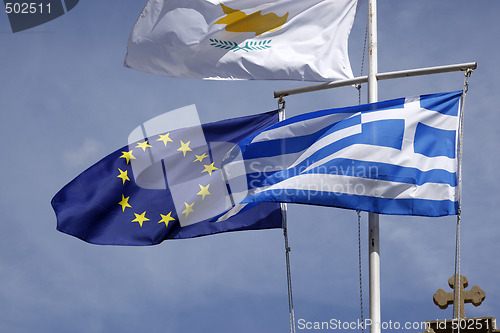 Image of the flags of the european union cyprus and greece flying 