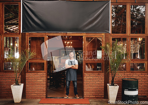 Image of Banner, man and small business owner of restaurant, shop or pub with career pride. Male entrepreneur person as manager, barista and waiter or bartender at door for cafe welcome mockup sign or logo