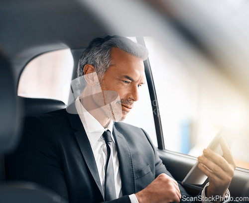 Image of Business man, tablet and car for travel, journey or drive while online for communication. Professional male person with tech and internet connection for work with luxury transportation or a taxi