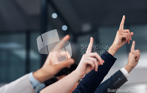 Image of Question, ask and hands of business people in meeting for feedback in presentation, workshop and training. Corporate office, audience and workers raising hand for seminar, tradeshow and conference