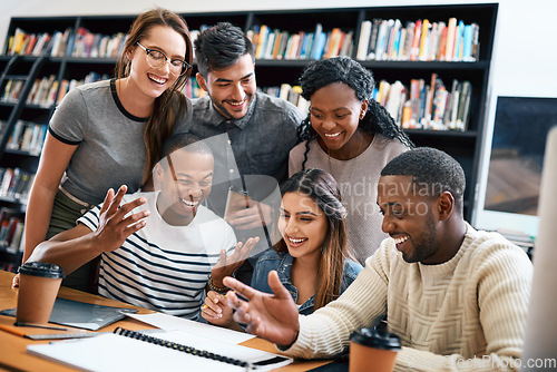 Image of People in library, students laughing together and studying for exam or research for project, education and teamwork. Diversity, men and women in study group and learn with collaboration on campus