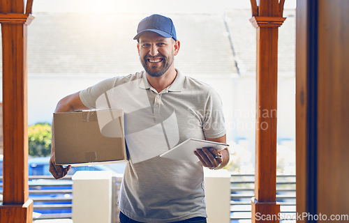 Image of Happy delivery man, box and portrait with tablet for order, parcel or courier service at front door. Male person smiling with package, carrier or cargo for online purchase, deliver or transport