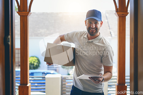 Image of Happy delivery man, box and portrait in logistics, parcel or courier service with tablet at front door. Male person smiling with package, carrier or cargo for online purchase, transport or ecommerce