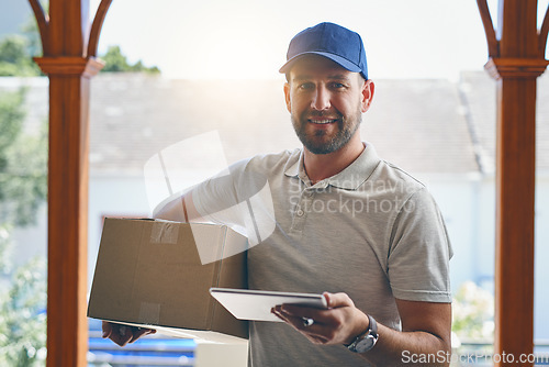 Image of Happy delivery man, box and tablet in logistics, ecommerce or courier service at front door. Portrait of male person smiling with package, carrier or cargo for online purchase, order or transport