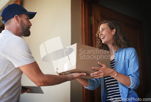 Image of Happy woman, delivery man and package box at door for order, parcel or cargo of customer in transport service. Female person receiving shipment from male courier, supply chain or deliver at the house