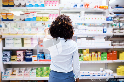 Image of Back, pharmacy and medication with a woman customer buying medicine from a shelf in a dispensary. Healthcare, medical or treatment with a female consumer searching for a health product in a drugstore