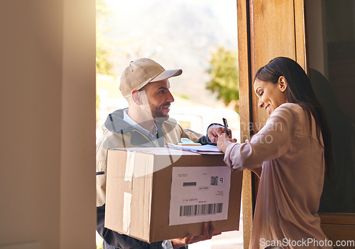 Image of Signature, woman and courier with a box, delivery and distribution with a box, service and professional. Female person, client or employee with a package, sign and shipping with a parcel or cardboard