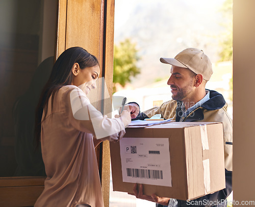 Image of Sign, woman and courier with a package, delivery or box with service, professional or retail. Female person, customer or employee with a parcel, writing or supply chain with distribution or signature