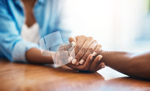 Image of Empathy, hope and support with friends and holding hands for comfort, kindness and gratitude. Love, help and trust with closeup of people at home for depression during cancer, praying or forgiveness