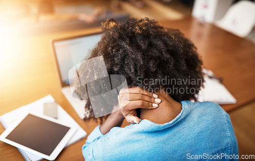 Image of Back, employee and black woman with neck pain, tired and stretching with stress, massage and overworked. Female person, consultant and agent with spine injury, health issue and medical problems