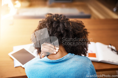 Image of Back, business and black woman with neck pain, fatigue and stretching with burnout, stress and overworked. Female person, employee or agent with spine injury, accident and emergency with health issue