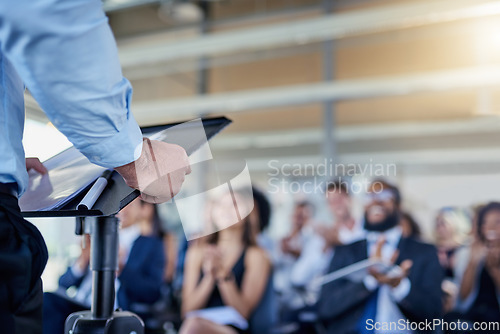 Image of Closeup, presentation and speaker with crowd, applause or speech with workshop, seminar or discussion. Zoom, male person or leader with audience, announcement or motivation with support or solidarity