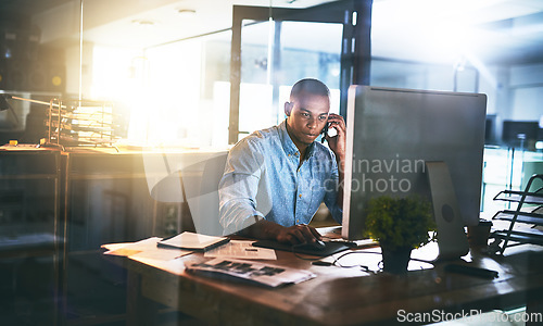 Image of Business man call, night working and computer with office communication and project web research. African male worker, technology and phone for website networking for company with tech and internet