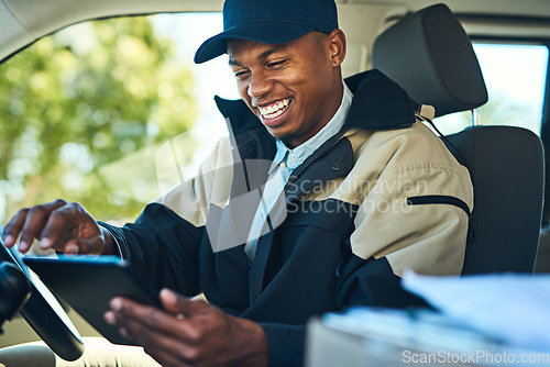 Image of Delivery, courier van and black man with tablet for distribution, shipping logistics and transport. Ecommerce, online shopping and male worker on digital tech to deliver package, order and product